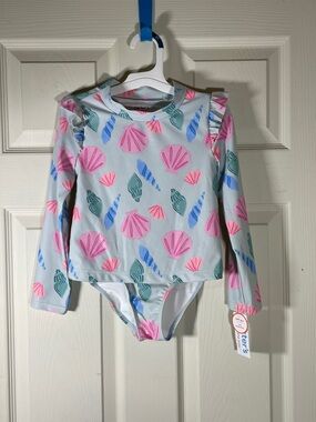 Carter's Girls' Long Sleeve Seashell One-Piece Swimsuit - Light Blue, Pink, Teal